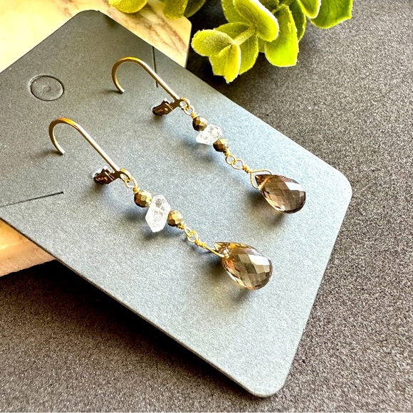 Herkimer Diamond and Smoky Quartz Earrings 14k Gold Lever back - Picture 3 of 11